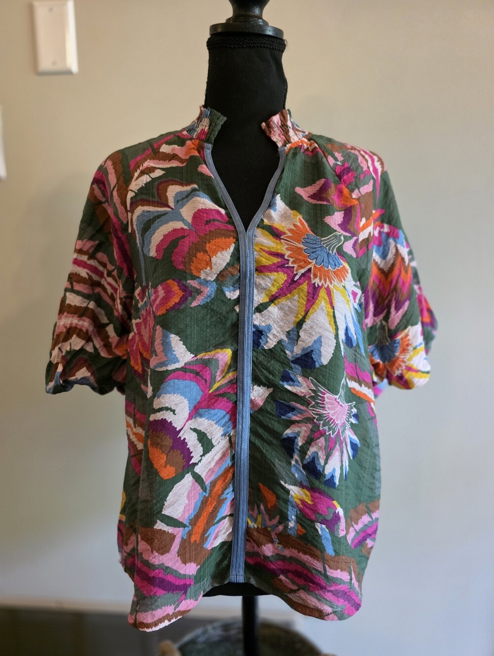 THML Vibrant Floral  Blouse in Olive Green & Pink